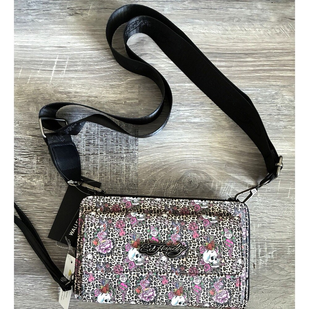 Ed Hardy Leopard Skull Rose Crossbody Wallet Purse Bag Double Zip NWT